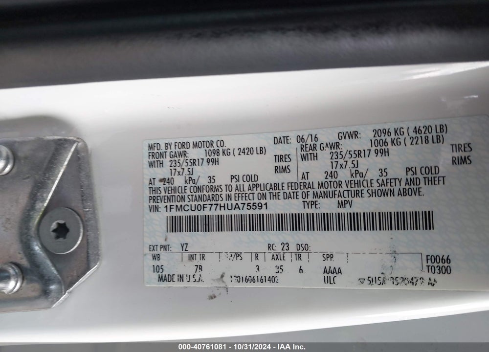 2017 FORD ESCAPE S VIN: 1FMCU0F77HUA75591
