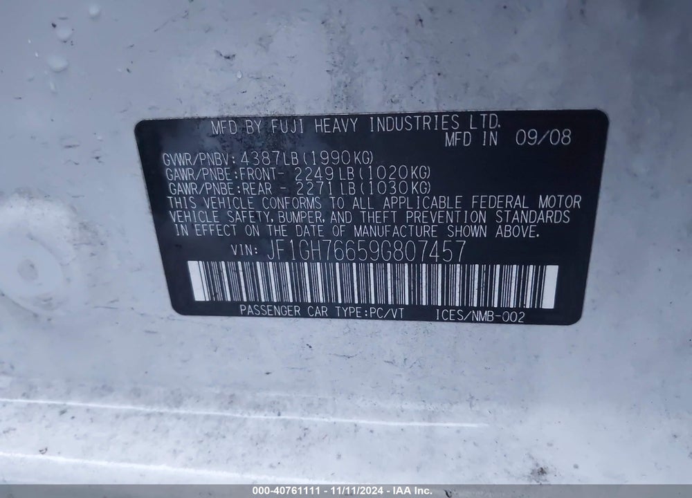 2009 SUBARU IMPREZA WRX VIN: JF1GH76659G807457