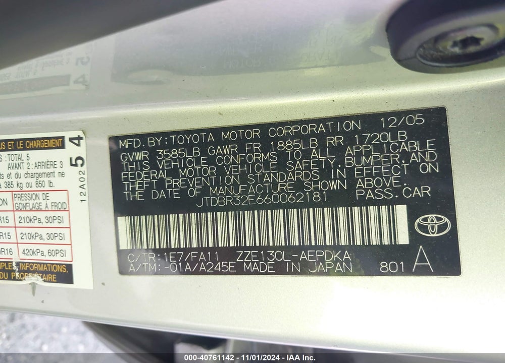 2006 TOYOTA COROLLA CE VIN: JTDBR32E660062181