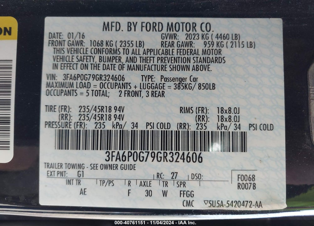 2016 FORD FUSION S VIN: 3FA6P0G79GR324606