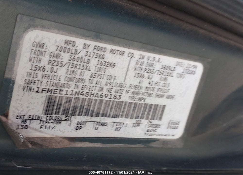 1995 FORD ECONOLINE E150 VIN: 1FMEE11N4SHA69183