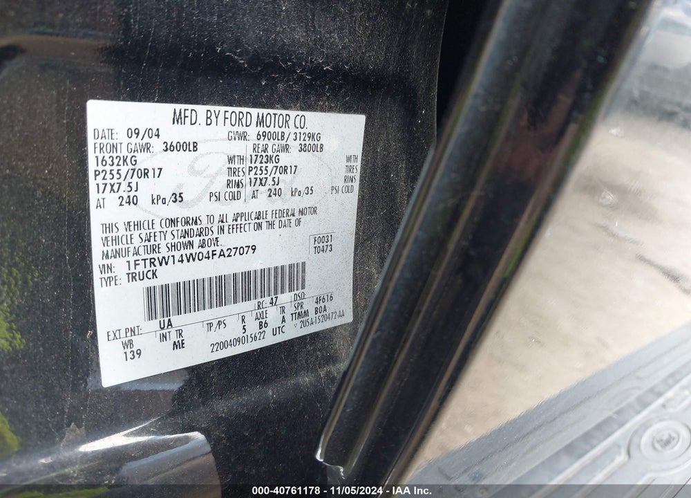 2004 FORD F-150 XLT VIN: 1FTRW14W04FA27079