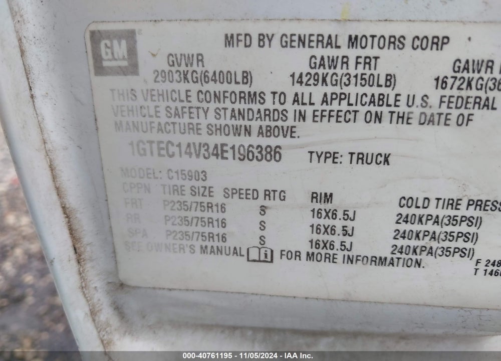 2004 GMC SIERRA 1500 WORK TRUCK VIN: 1GTEC14V34E196386