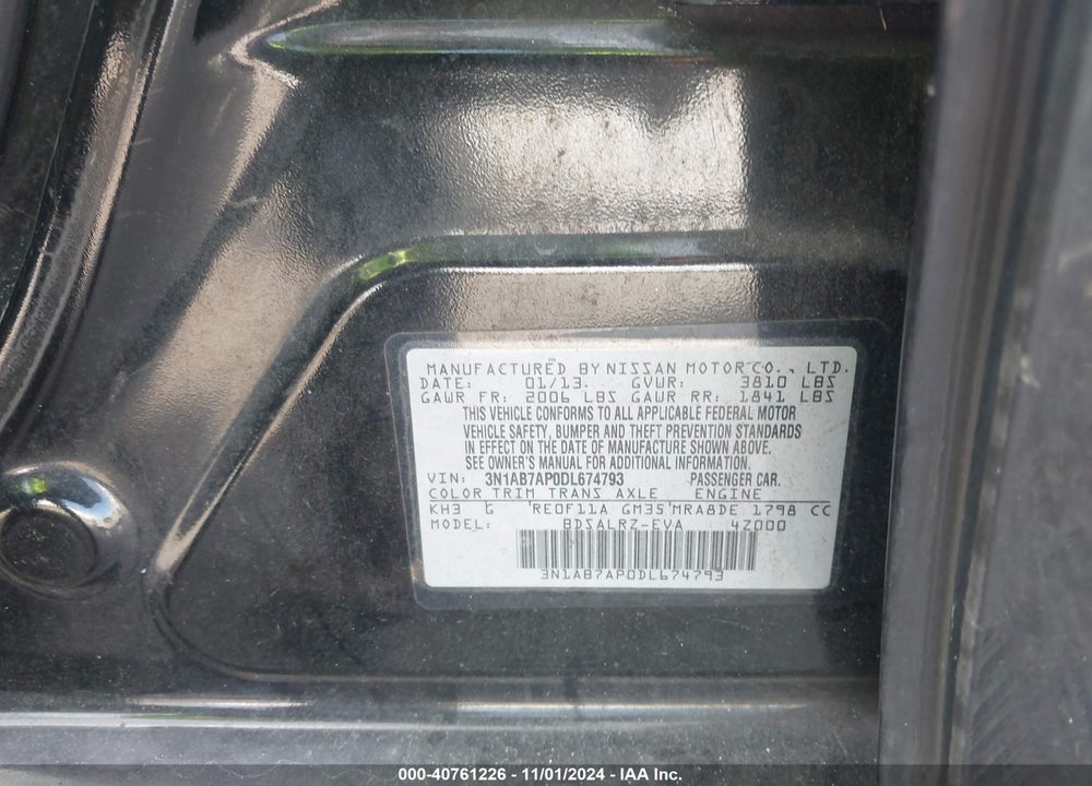 2013 NISSAN SENTRA SR VIN: 3N1AB7AP0DL674793