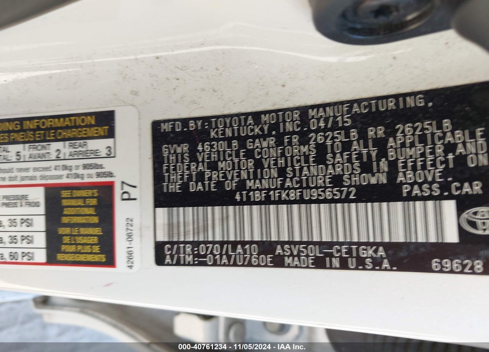 2015 TOYOTA CAMRY VIN: 4T1BF1FK8FU956572