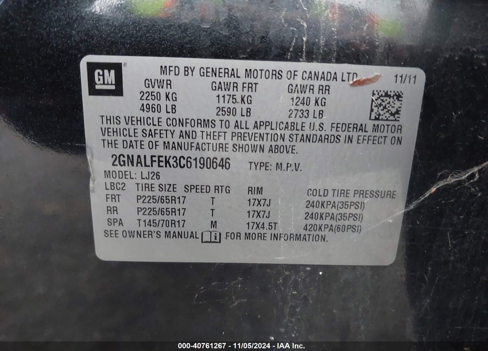 2012 CHEVROLET EQUINOX LTZ VIN: 2GNALFEK3C6190646