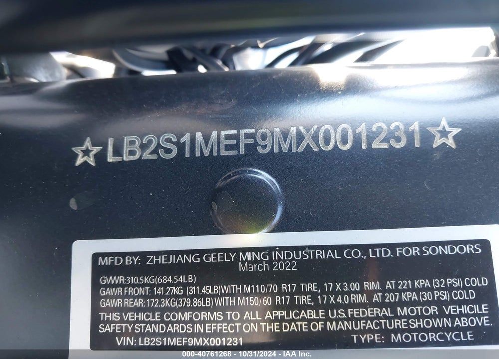 2021 SONDORS METACYCLE VIN: LB2S1MEF9MX001231