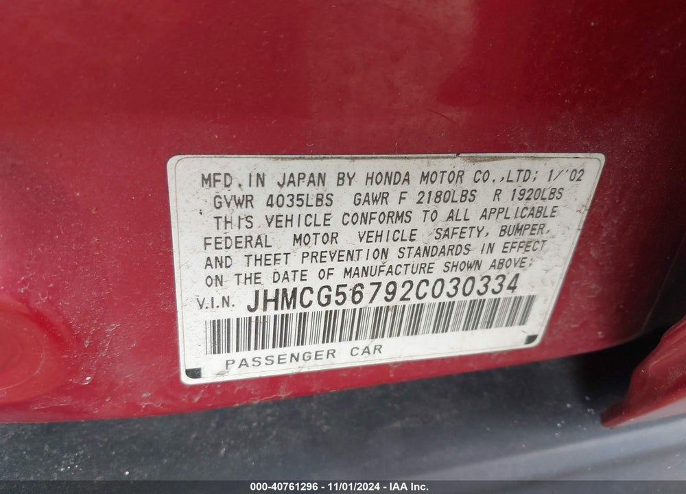2002 HONDA ACCORD 2.3 SE VIN: JHMCG56792C030334