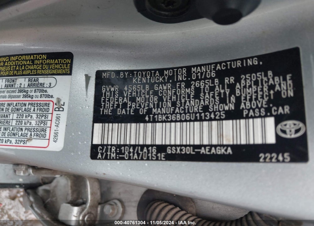 2006 TOYOTA AVALON XLS VIN: 4T1BK36B06U113425