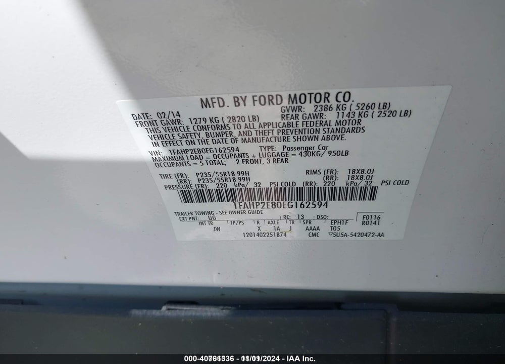2014 FORD TAURUS SEL VIN: 1FAHP2E80EG162594
