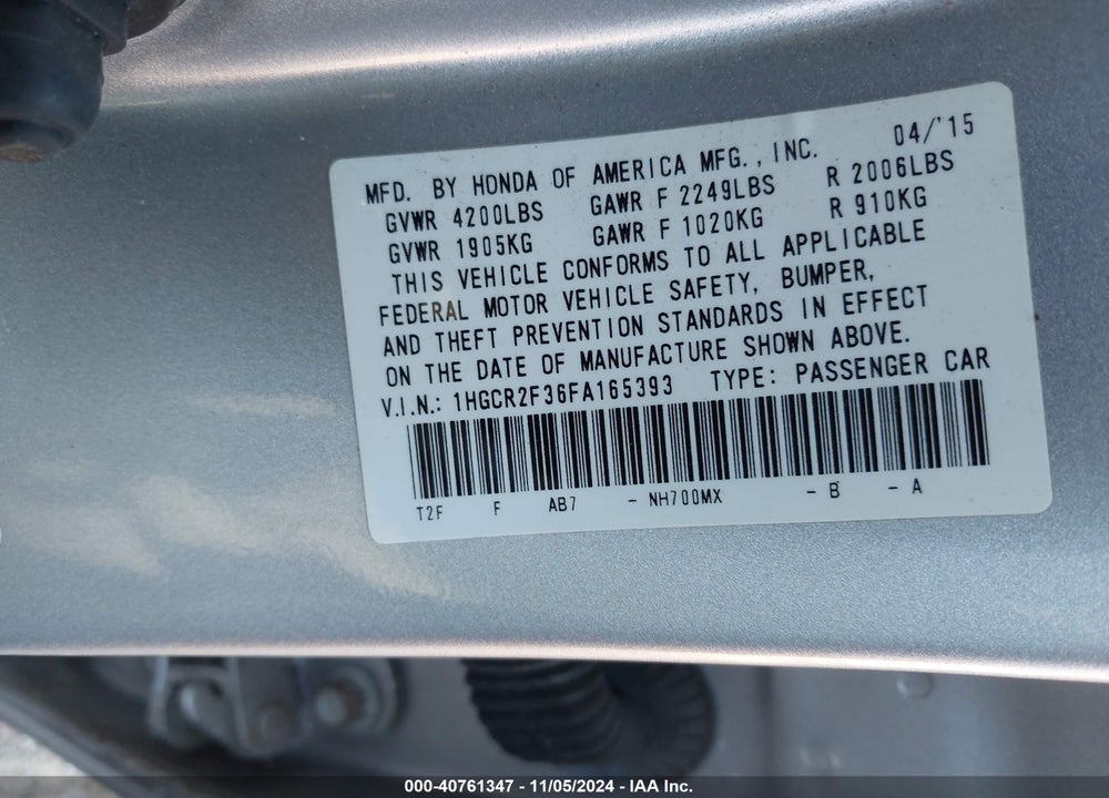 2015 HONDA ACCORD LX VIN: 1HGCR2F36FA165393
