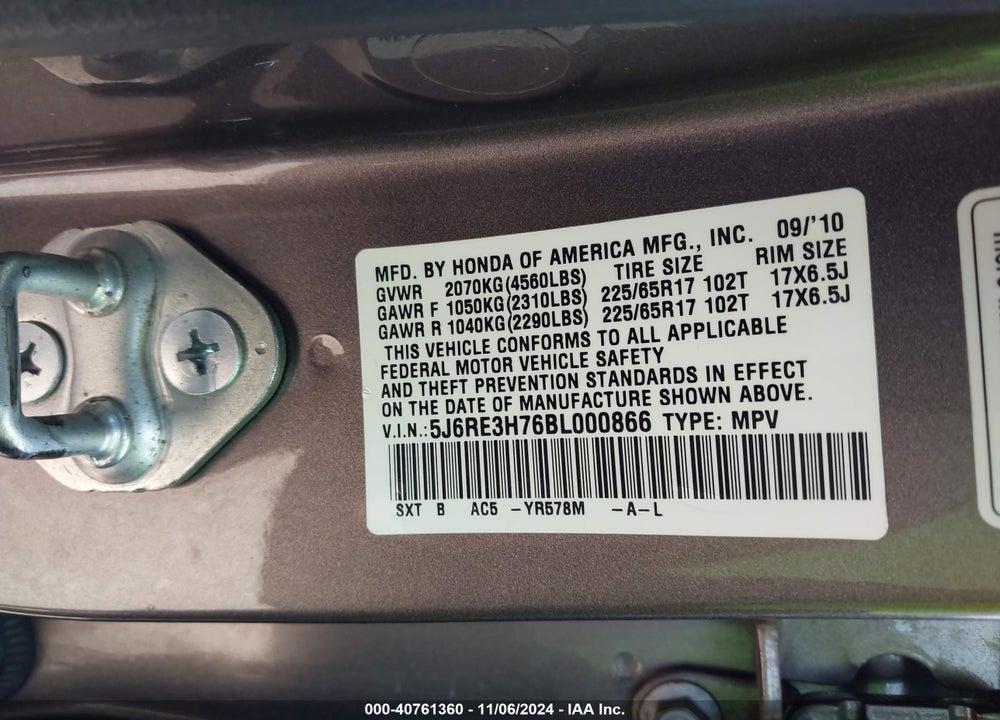 2011 HONDA CR-V EX-L VIN: 5J6RE3H76BL000866