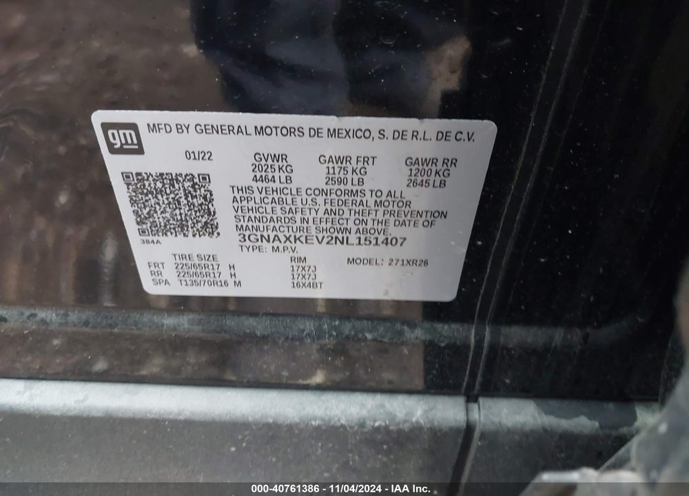 2022 CHEVROLET EQUINOX FWD LT VIN: 3GNAXKEV2NL151407