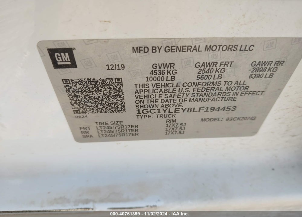 2020 CHEVROLET SILVERADO 2500HD 4WD STANDARD BED WT VIN: 1GC1YLEY8LF194453