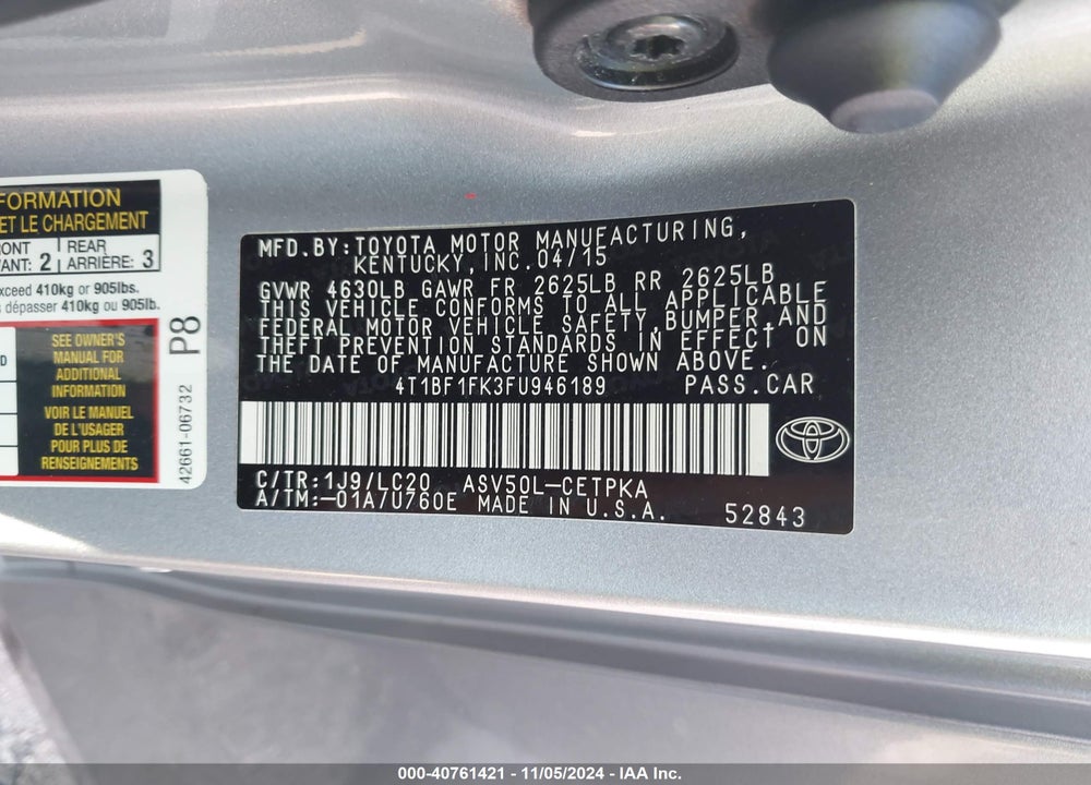 2015 TOYOTA CAMRY XSE VIN: 4T1BF1FK3FU946189