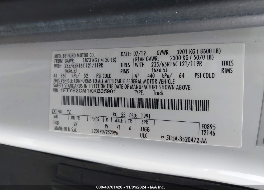 2019 FORD TRANSIT-150 VIN: 1FTYE2CM1KKB35901