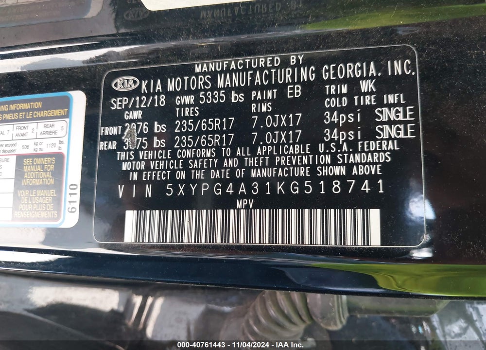 2019 KIA SORENTO 2.4L LX VIN: 5XYPG4A31KG518741