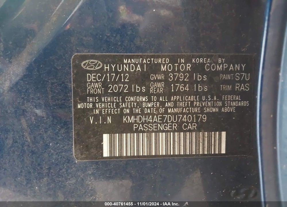 2013 HYUNDAI ELANTRA GLS VIN: KMHDH4AE7DU740179