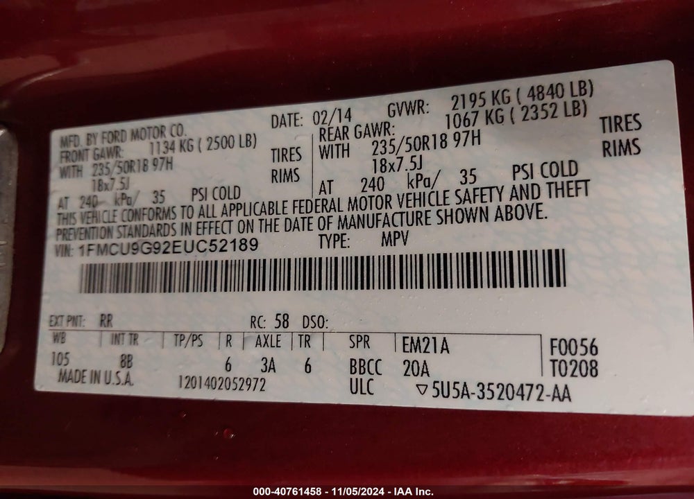 2014 FORD ESCAPE SE VIN: 1FMCU9G92EUC52189