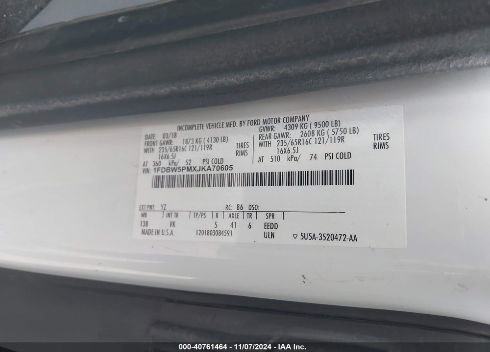 2018 FORD TRANSIT-350 CUTAWAY VIN: 1FDBW5PMXJKA70605