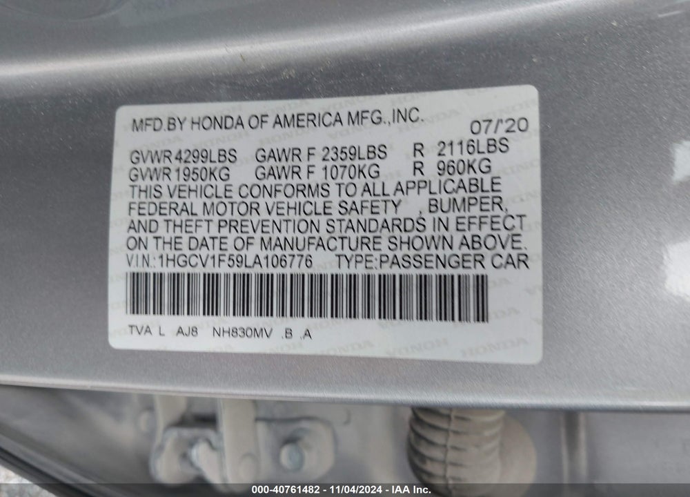 2020 HONDA ACCORD EX-L VIN: 1HGCV1F59LA106776