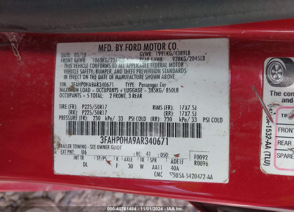 2010 FORD FUSION SE VIN: 3FAHP0HA9AR340671