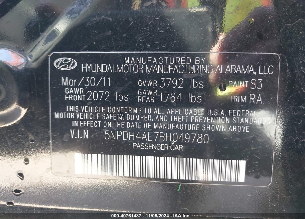 2011 HYUNDAI ELANTRA GLS VIN: 5NPDH4AE7BH049780