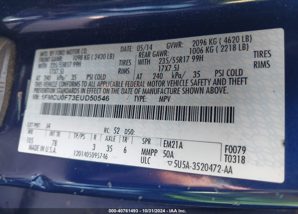 2014 FORD ESCAPE S VIN: 1FMCU0F73EUD50546