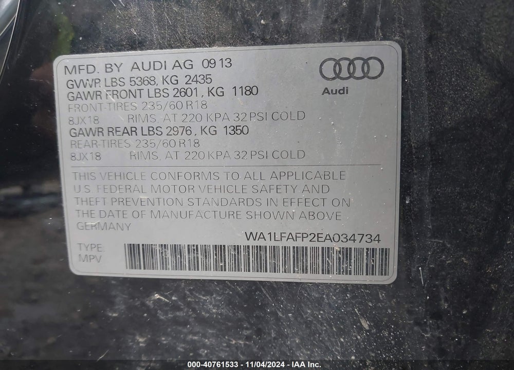 2014 AUDI Q5 2.0T PREMIUM VIN: WA1LFAFP2EA034734
