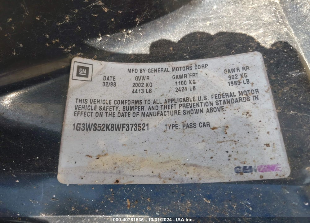 1998 OLDSMOBILE INTRIGUE GL VIN: 1G3WS52K8WF373521