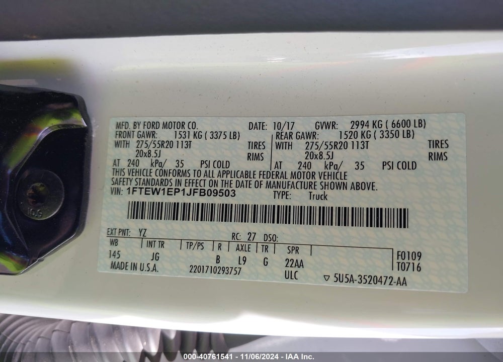 2018 FORD F-150 XL VIN: 1FTEW1EP1JFB09503
