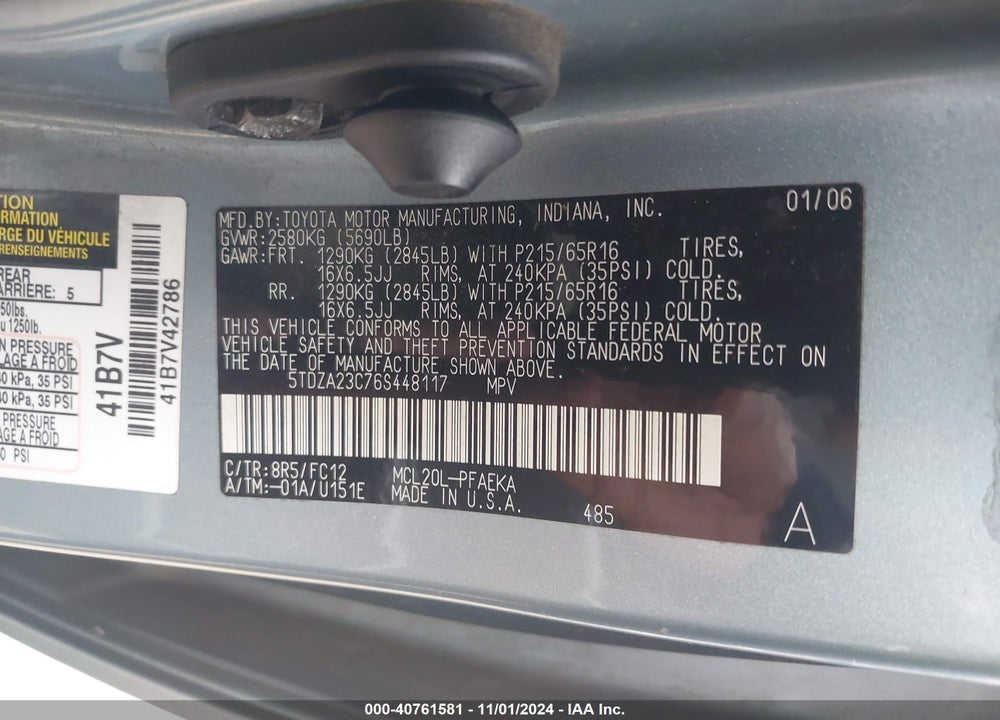 2006 TOYOTA SIENNA LE VIN: 5TDZA23C76S448117