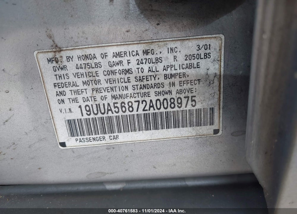 2002 ACURA TL 3.2 TYPE S VIN: 19UUA56872A008975