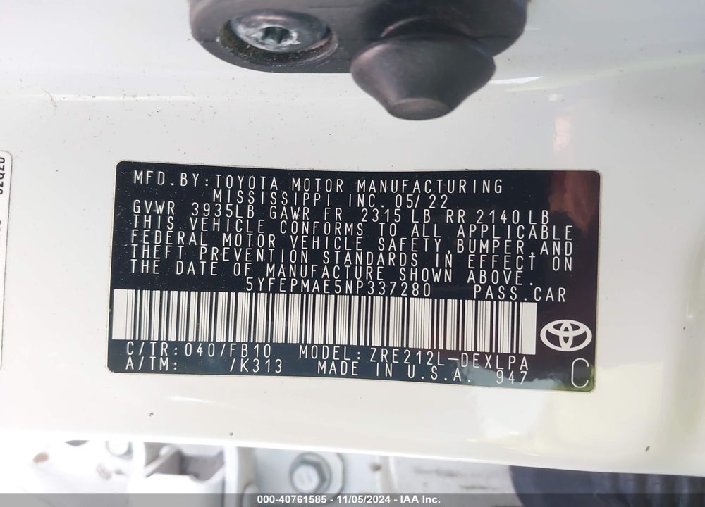 2022 TOYOTA COROLLA LE VIN: 5YFEPMAE5NP337280