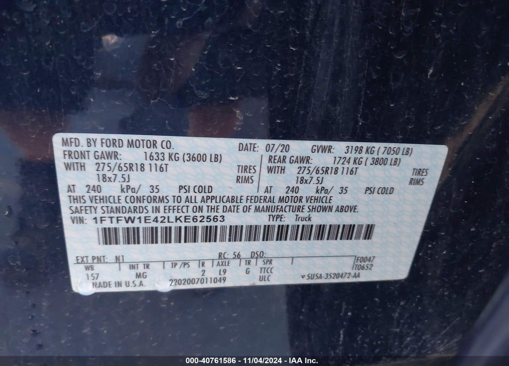 2020 FORD F150 VIN: 1FTFW1E42LKE62563