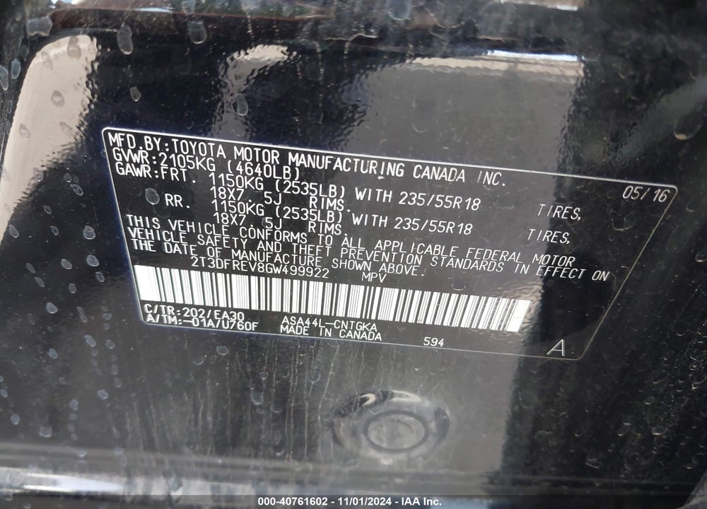 2016 TOYOTA RAV4 LIMITED VIN: 2T3DFREV8GW499922
