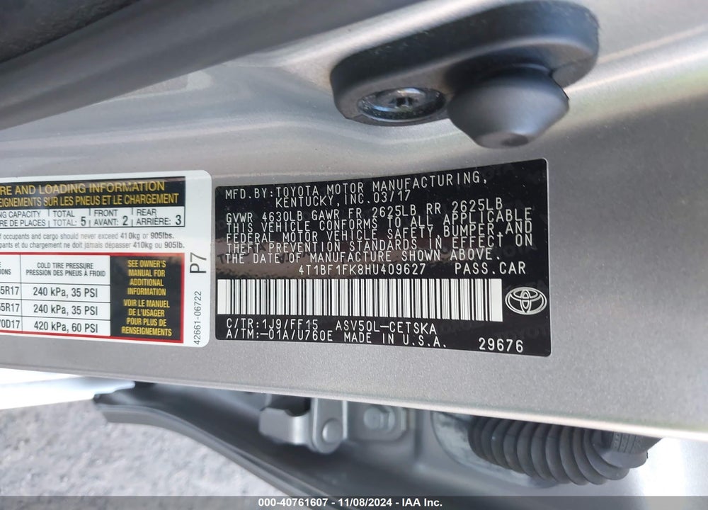 2017 TOYOTA CAMRY SE VIN: 4T1BF1FK8HU409627