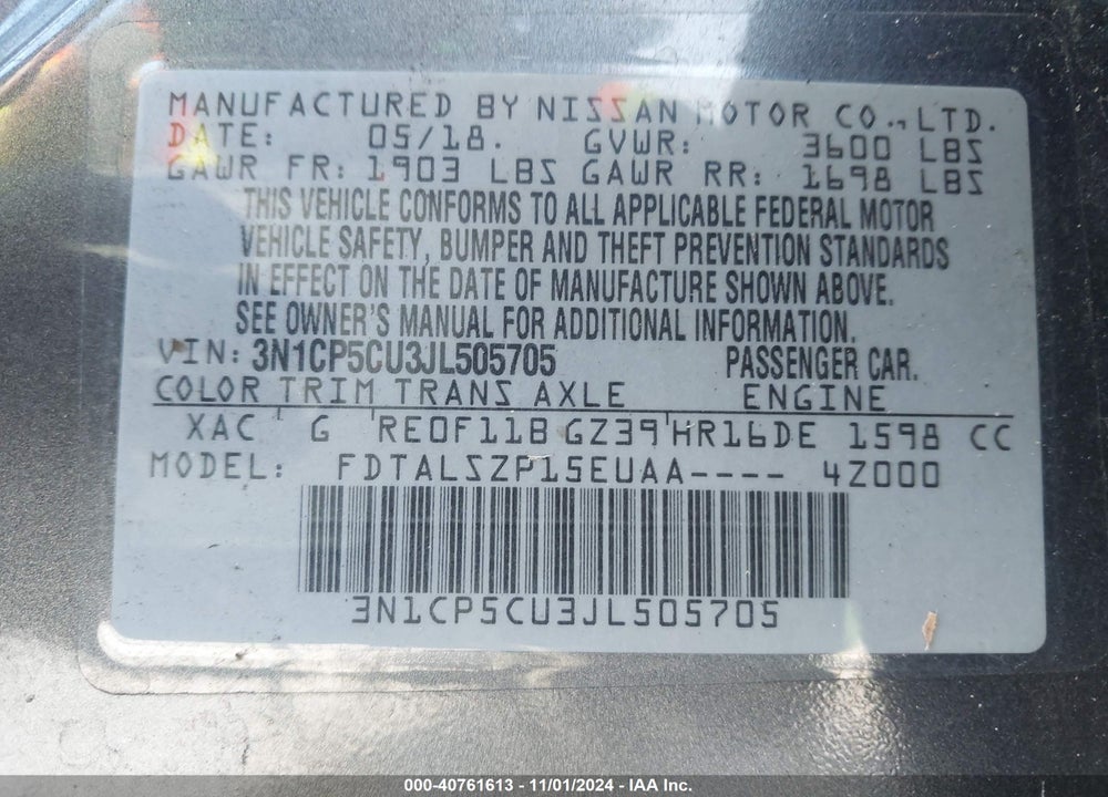 2018 NISSAN KICKS SV VIN: 3N1CP5CU3JL505705