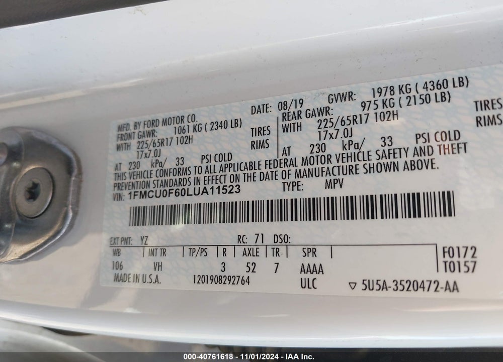 2020 FORD ESCAPE S VIN: 1FMCU0F60LUA11523