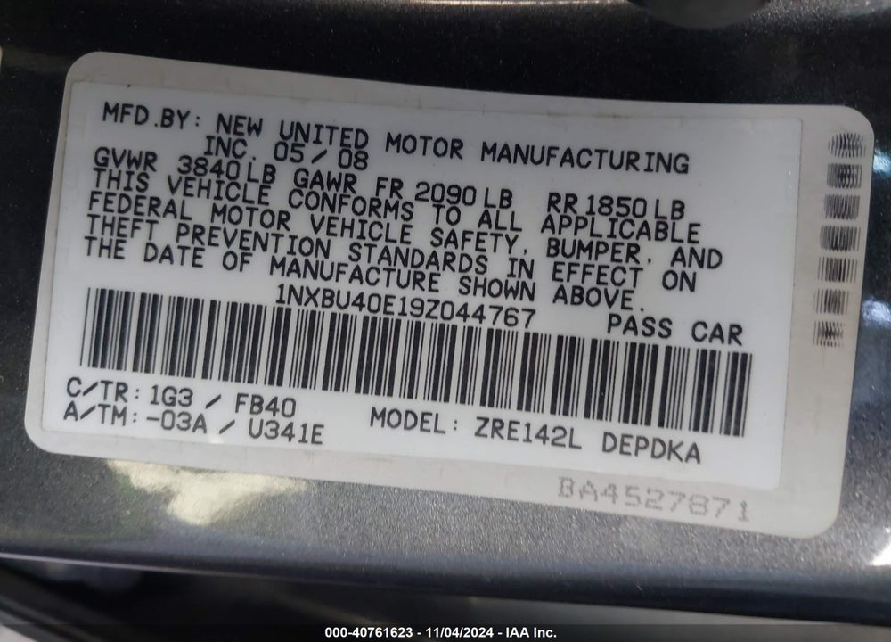 2009 TOYOTA COROLLA VIN: 1NXBU40E19Z044767