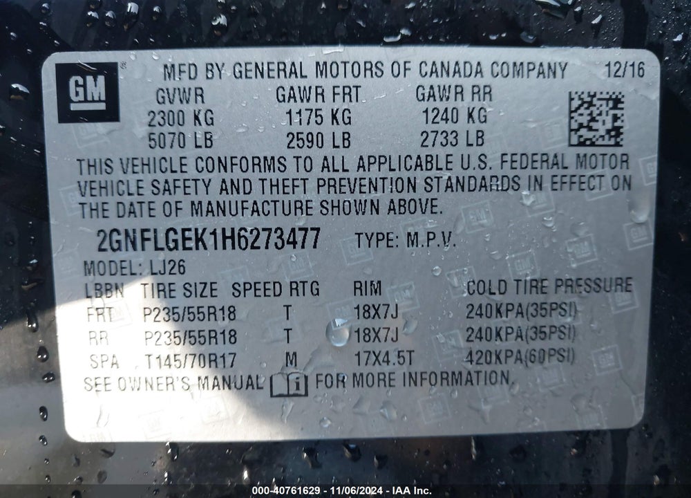 2017 CHEVROLET EQUINOX PREMIER VIN: 2GNFLGEK1H6273477