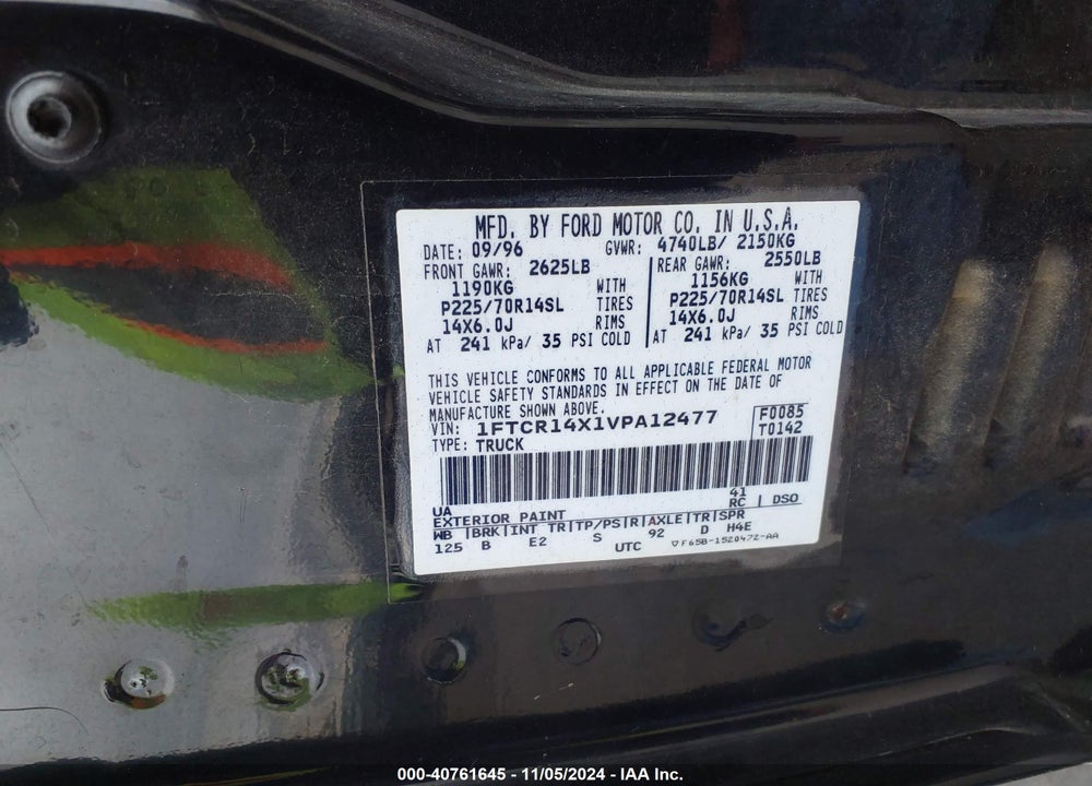 1997 FORD RANGER SPLASH/XLT VIN: 1FTCR14X1VPA12477
