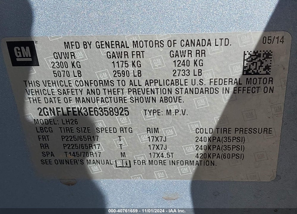 2014 CHEVROLET EQUINOX 1LT VIN: 2GNFLFEK3E6358925