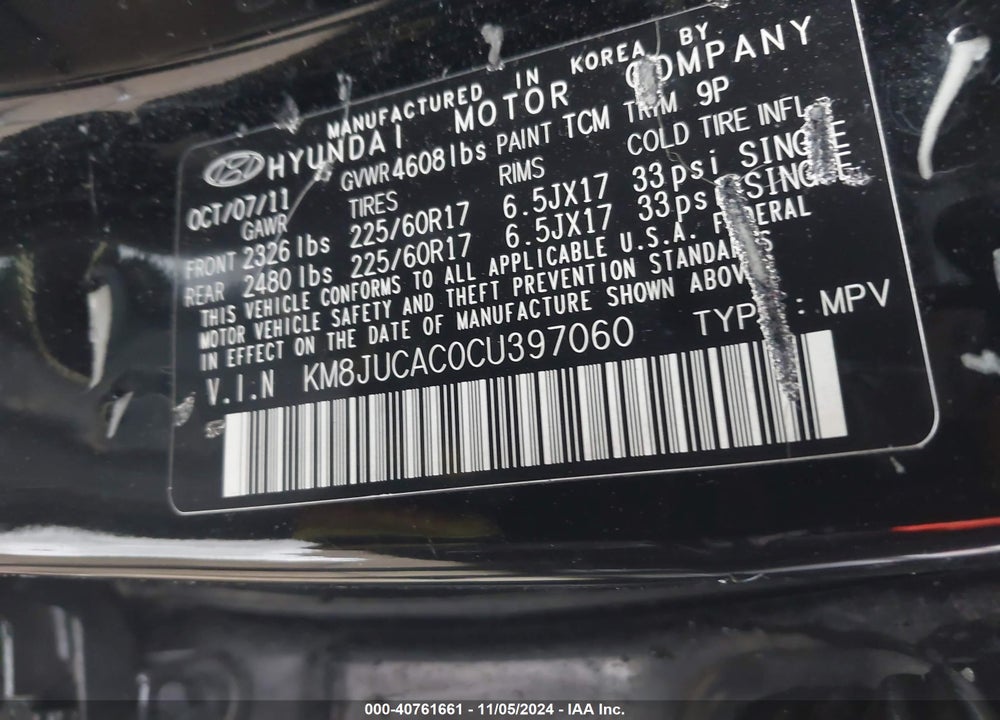 2012 HYUNDAI TUCSON GLS VIN: KM8JUCAC0CU397060