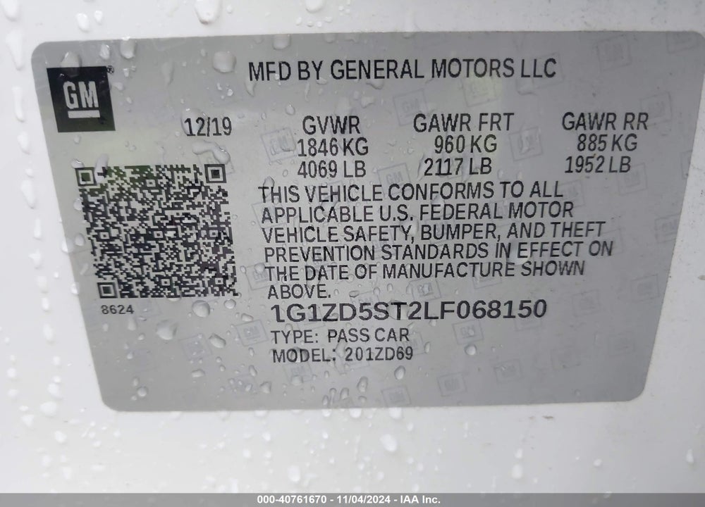 2020 CHEVROLET MALIBU VIN: 1G1ZD5ST2LF068150