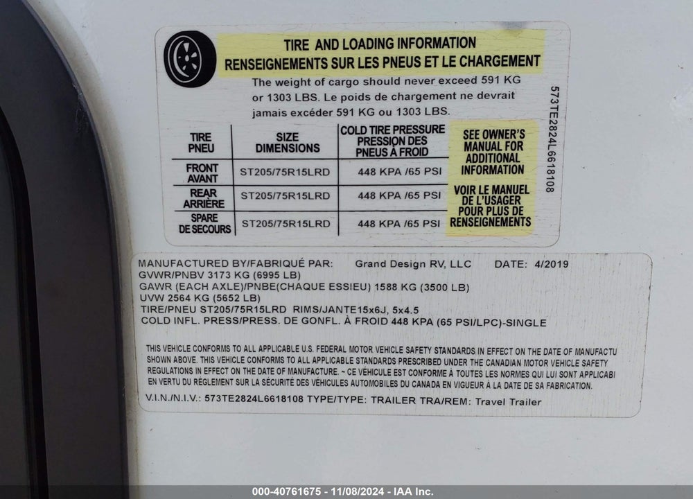 2020 GRAND DESIGN IMAGINE SERIES M-225 VIN: 573TE2824L6618108
