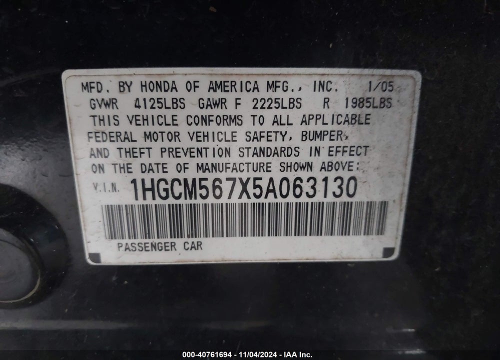 2005 HONDA ACCORD 2.4 EX VIN: 1HGCM567X5A063130