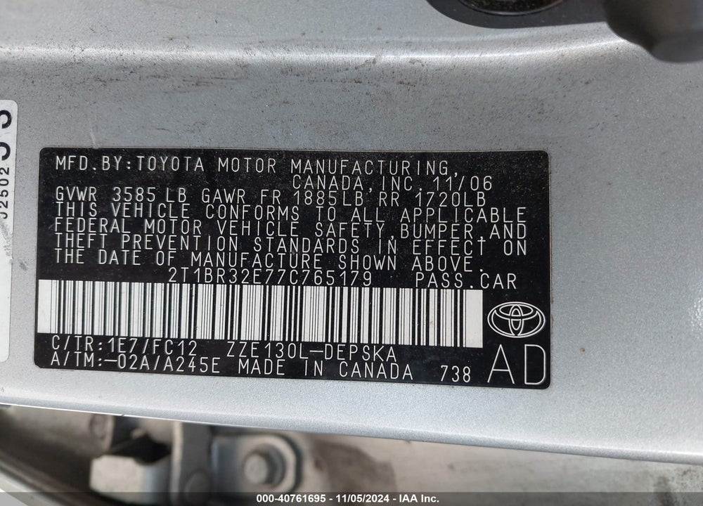 2007 TOYOTA COROLLA S VIN: 2T1BR32E77C765179