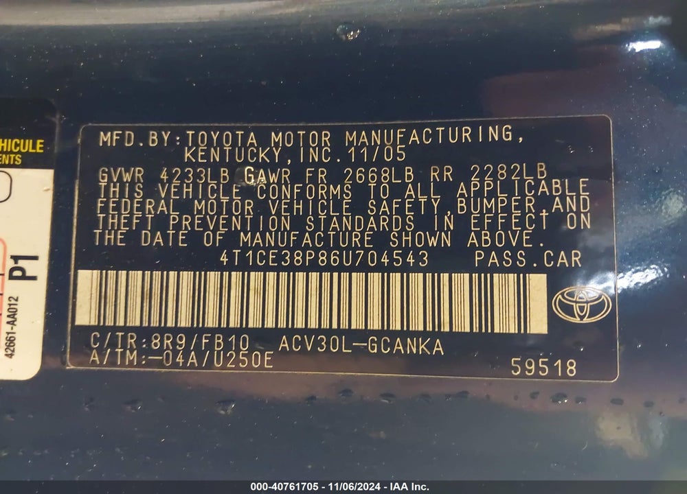 2006 TOYOTA CAMRY SOLARA SE VIN: 4T1CE38P86U704543
