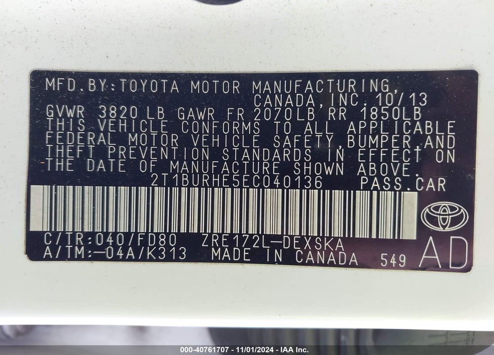 2014 TOYOTA COROLLA S PLUS VIN: 2T1BURHE5EC040136